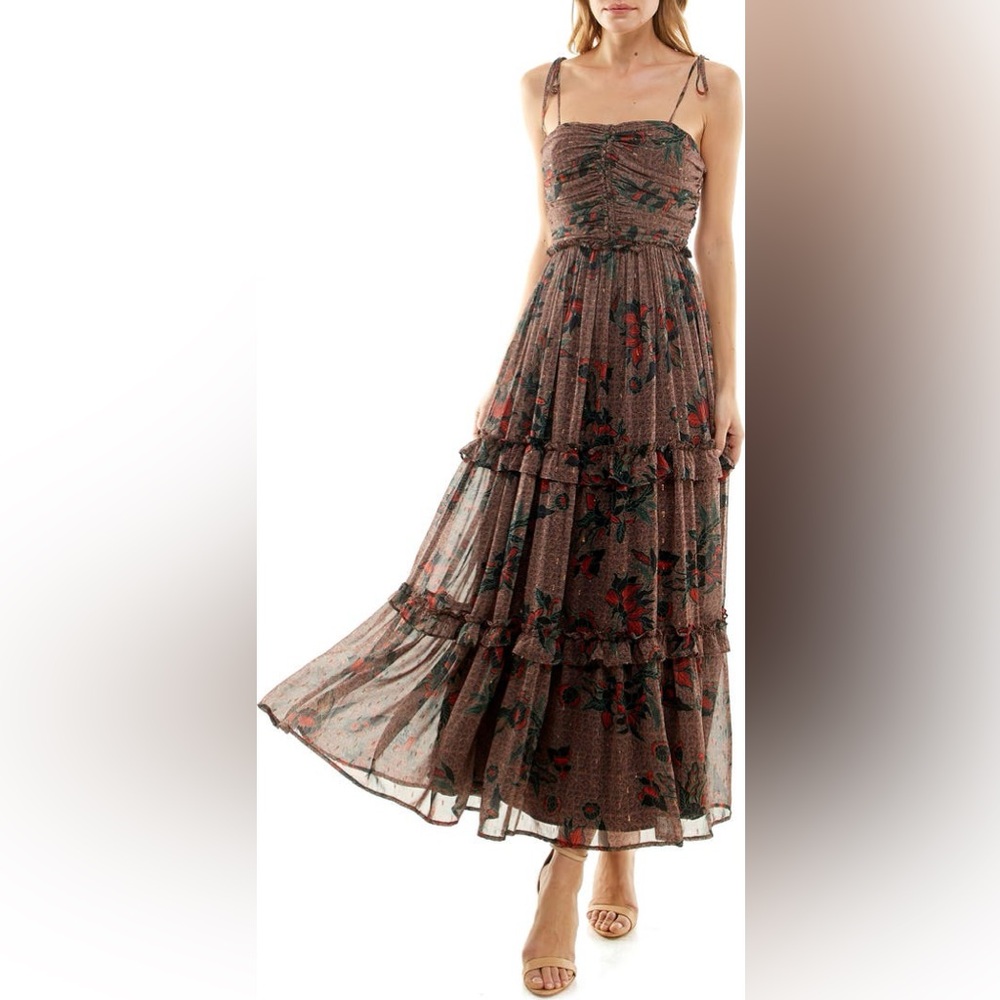 Socialite Floral Maxi Dress In Bronze, Teal Blue, And Burnt Orange Size Small